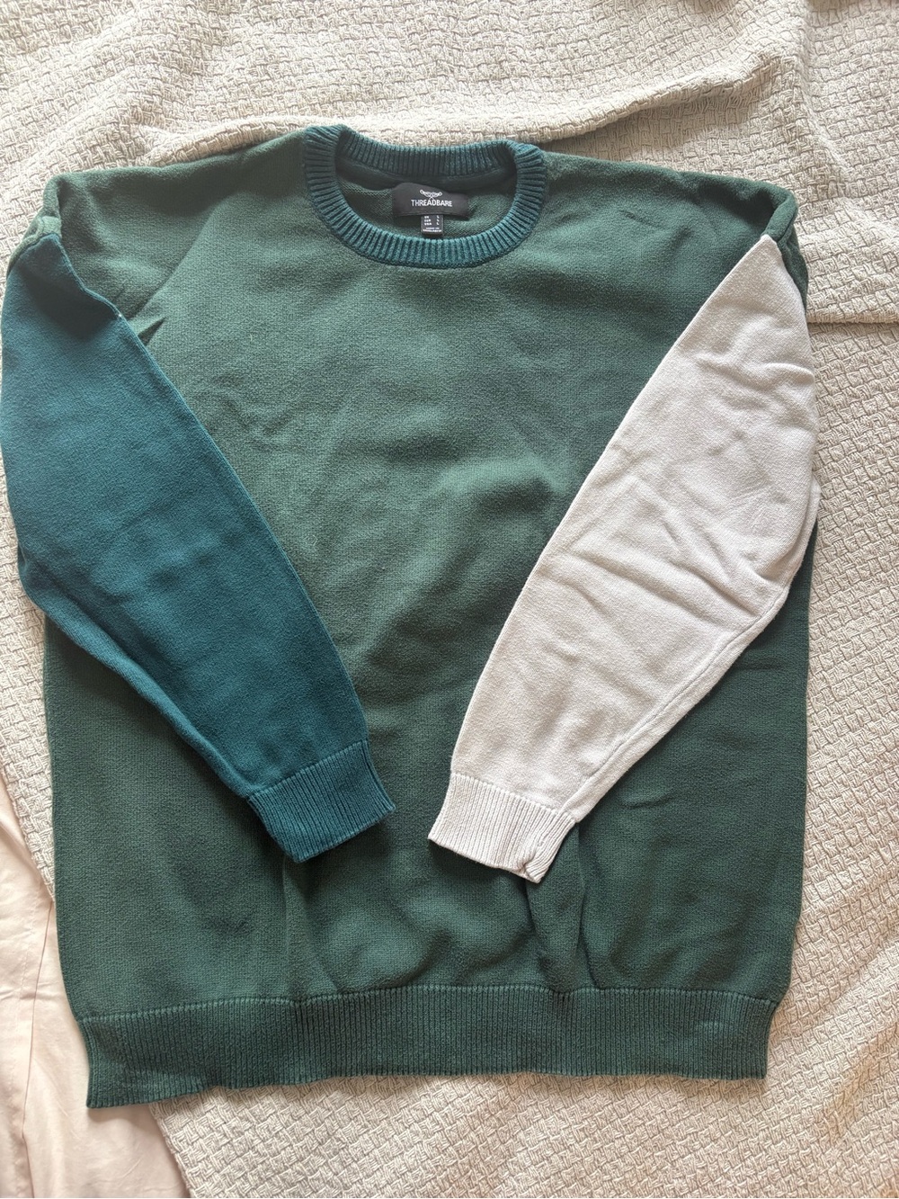 Threadbare Green Crewneck with Teal and Cream Sleeves